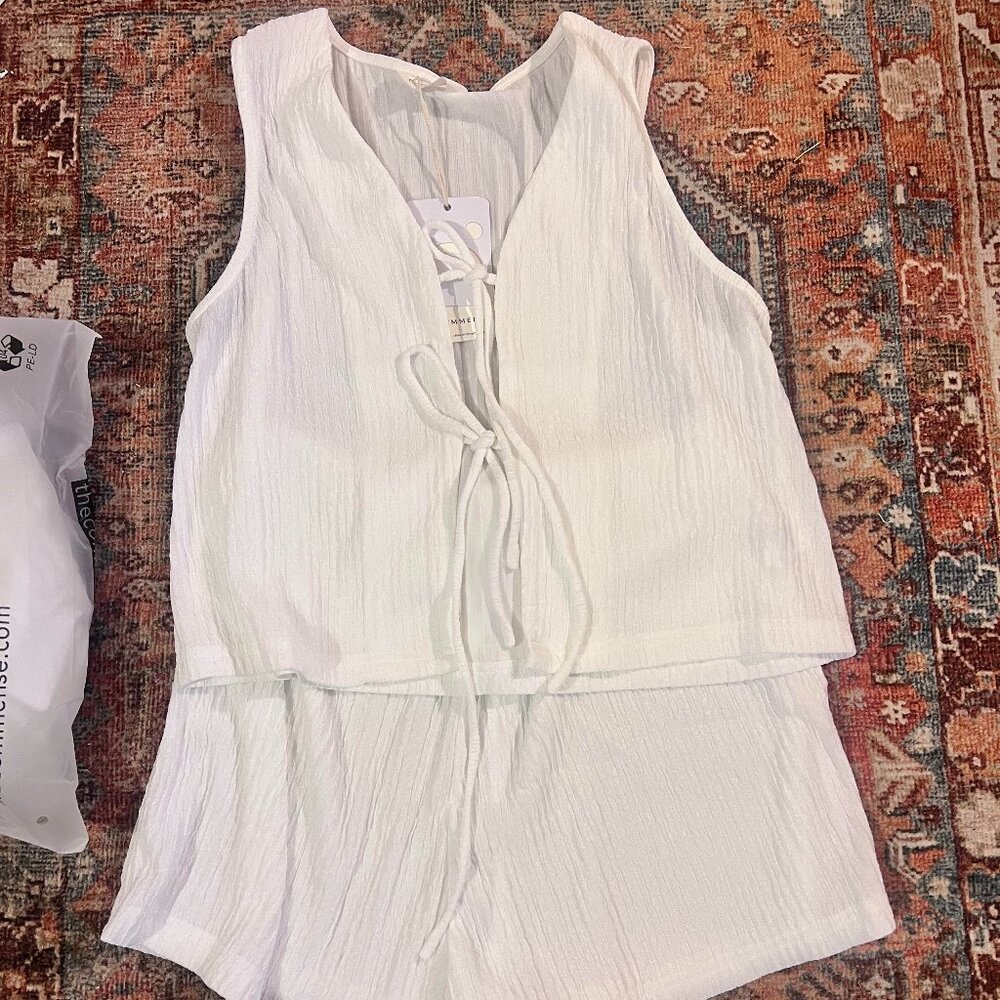 Commense Solid Tie Front Vest With Shorts Set White